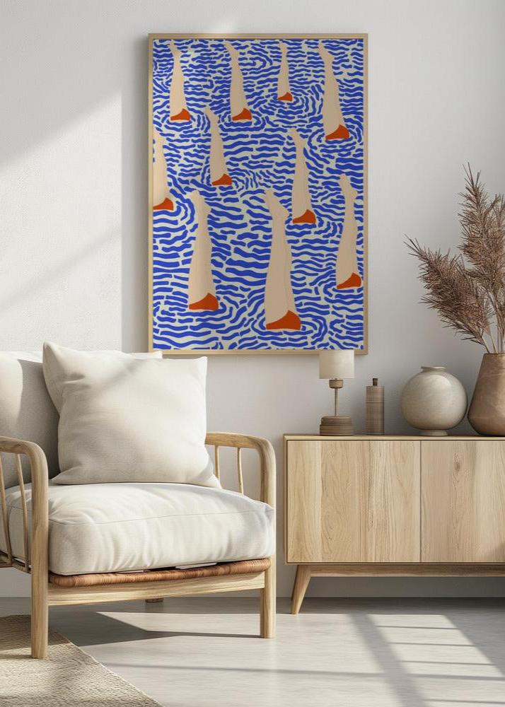 Bañistas By Jota de jai - blue water poster with legs in the air - in scandinavian room - poster space- Poster by By_Jota_de_jai
