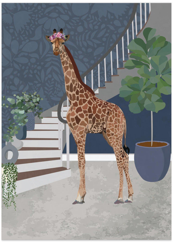 Giraffe by the stairs Poster, Giraffe with flowers on head, poster space