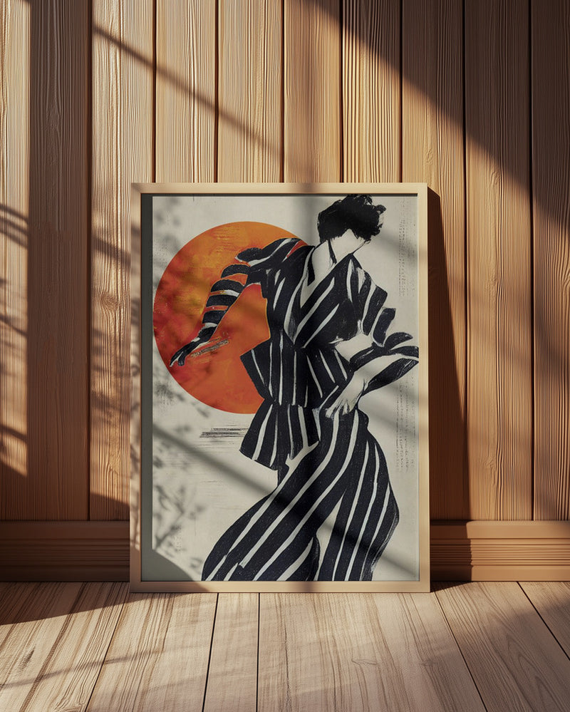 samurai poster, woman in kimono, japandi, room