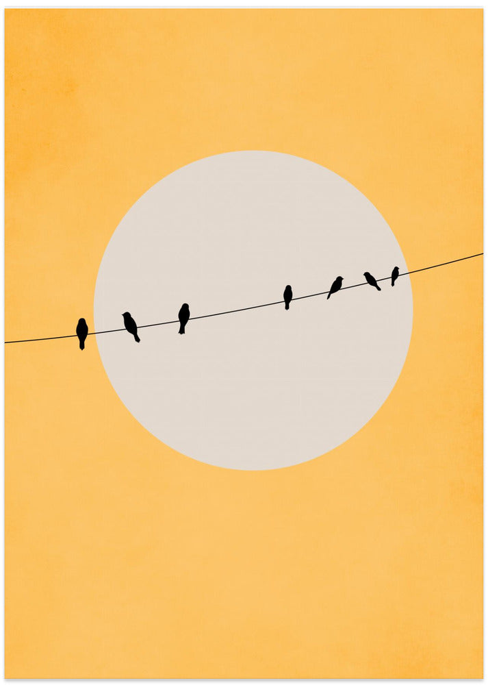 birds on wire poster with yellow background