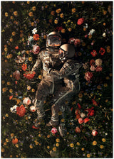 Poster av illustration två astronauter vilades på en blomsteräng i härliga färger.