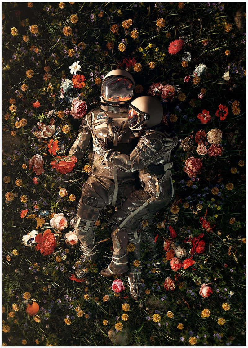 Poster av illustration två astronauter vilades på en blomsteräng i härliga färger.