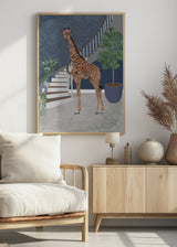 Giraffe by the stairs Poster, Giraffe with flowers on head, poster space, room with oak furnitures