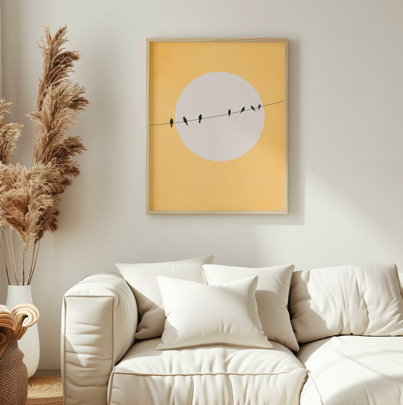 birds on wire poster with yellow background, living room, white sofa