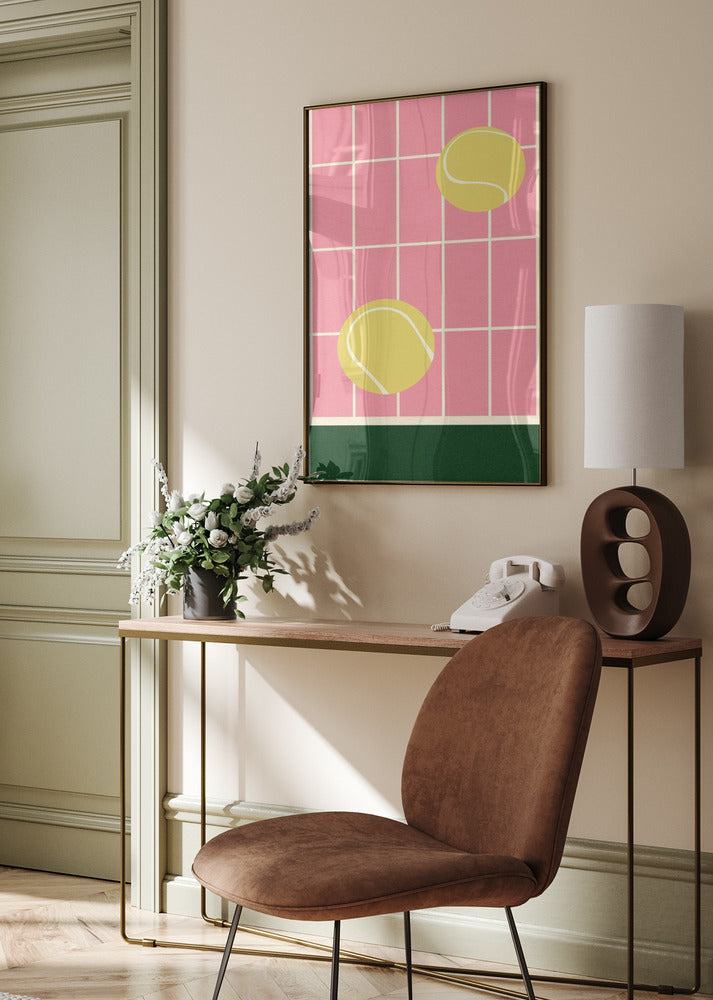 tennis balls poster, pink packround, green bottom