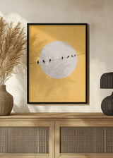 birds on wire poster with yellow background, ina a hall