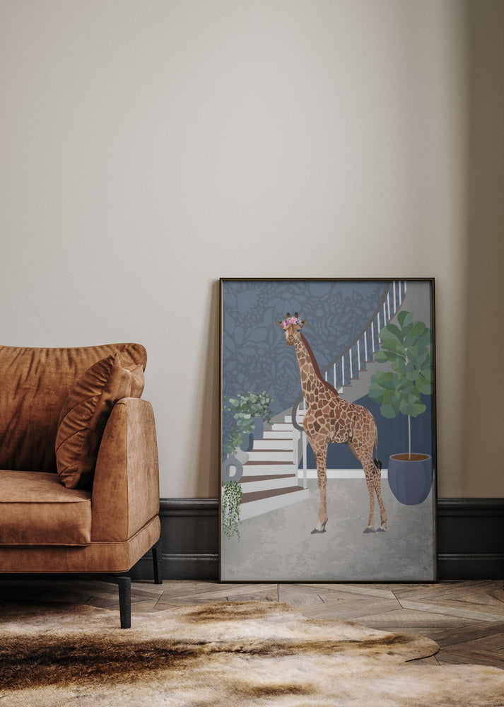 Giraffe by the stairs Poster, Giraffe with flowers on head, poster space, room with brown sofa