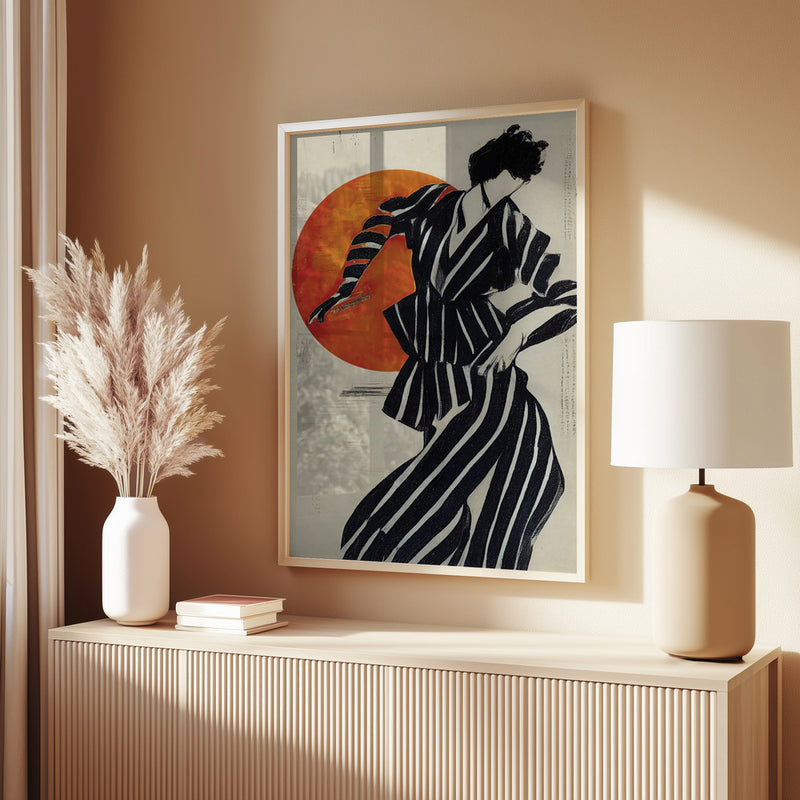 samurai poster, woman in kimono, japandi interior