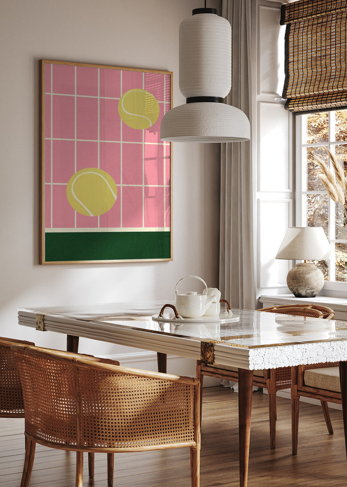 tennis balls poster, pink packround, green bottom, kitchen2