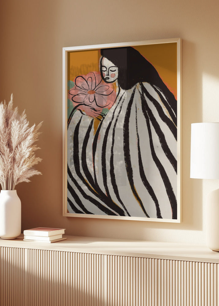 woman with white stripes poster and frame, hall