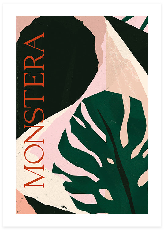 abstrakt botanisk poster av stort grönt monstera blad mot olika textureri svart och pastell med en vertikal text i rött med texten monstera.