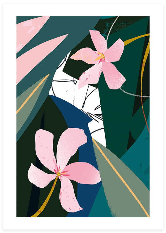 botanisk poster av två rosa oleander blommor mot en tätväxande grön vegetation i bakgrunden av tom abbiss smith